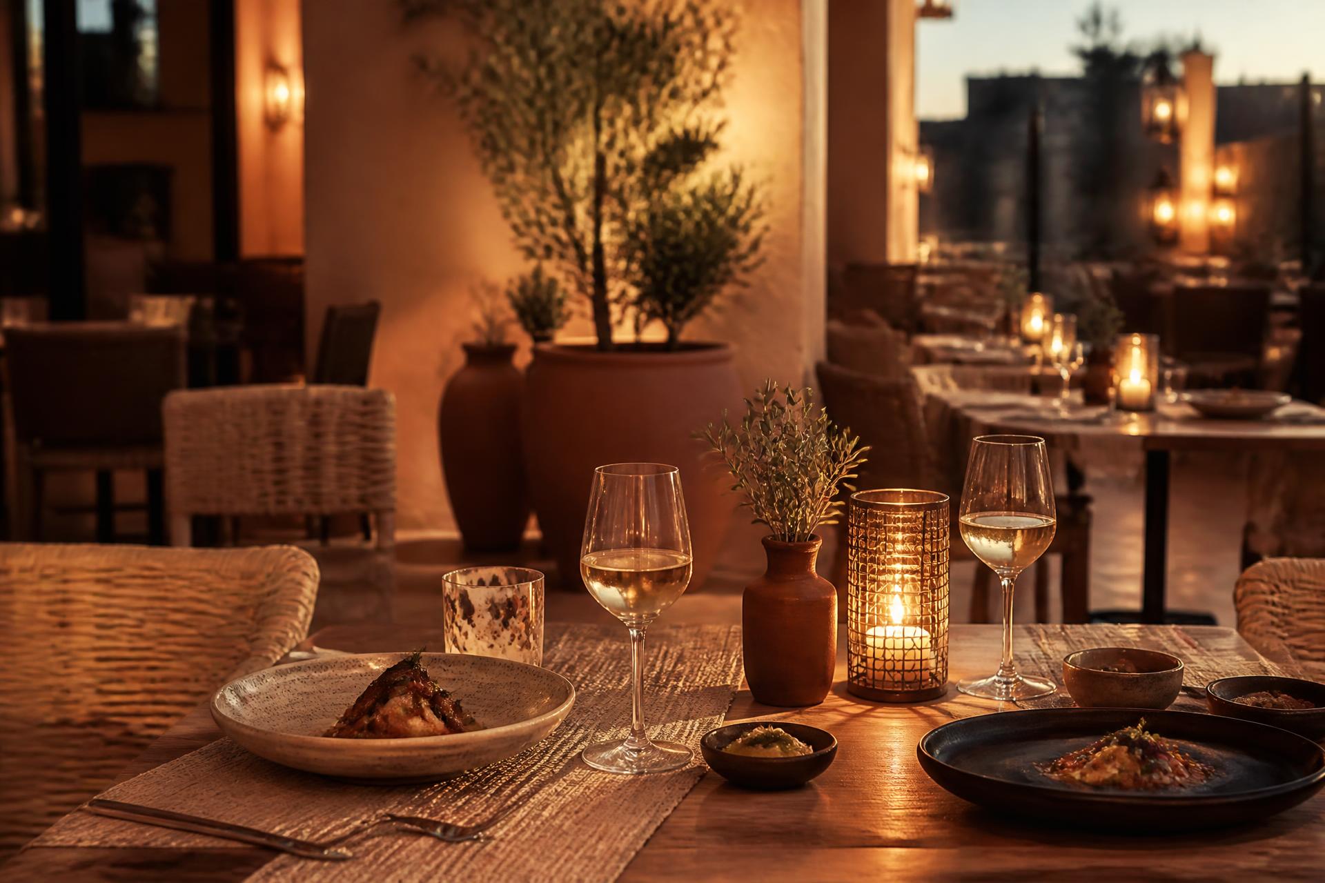 Gedeckter Tisch bei Kerzenlicht in einem Restaurant